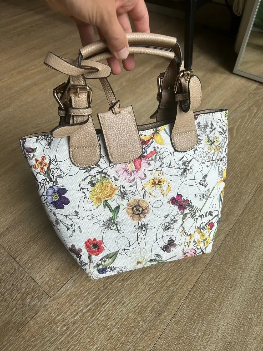 Floral Mini Tote Bag Satchel Purse Botanical Flower Pattern Top Handle Cream Tan